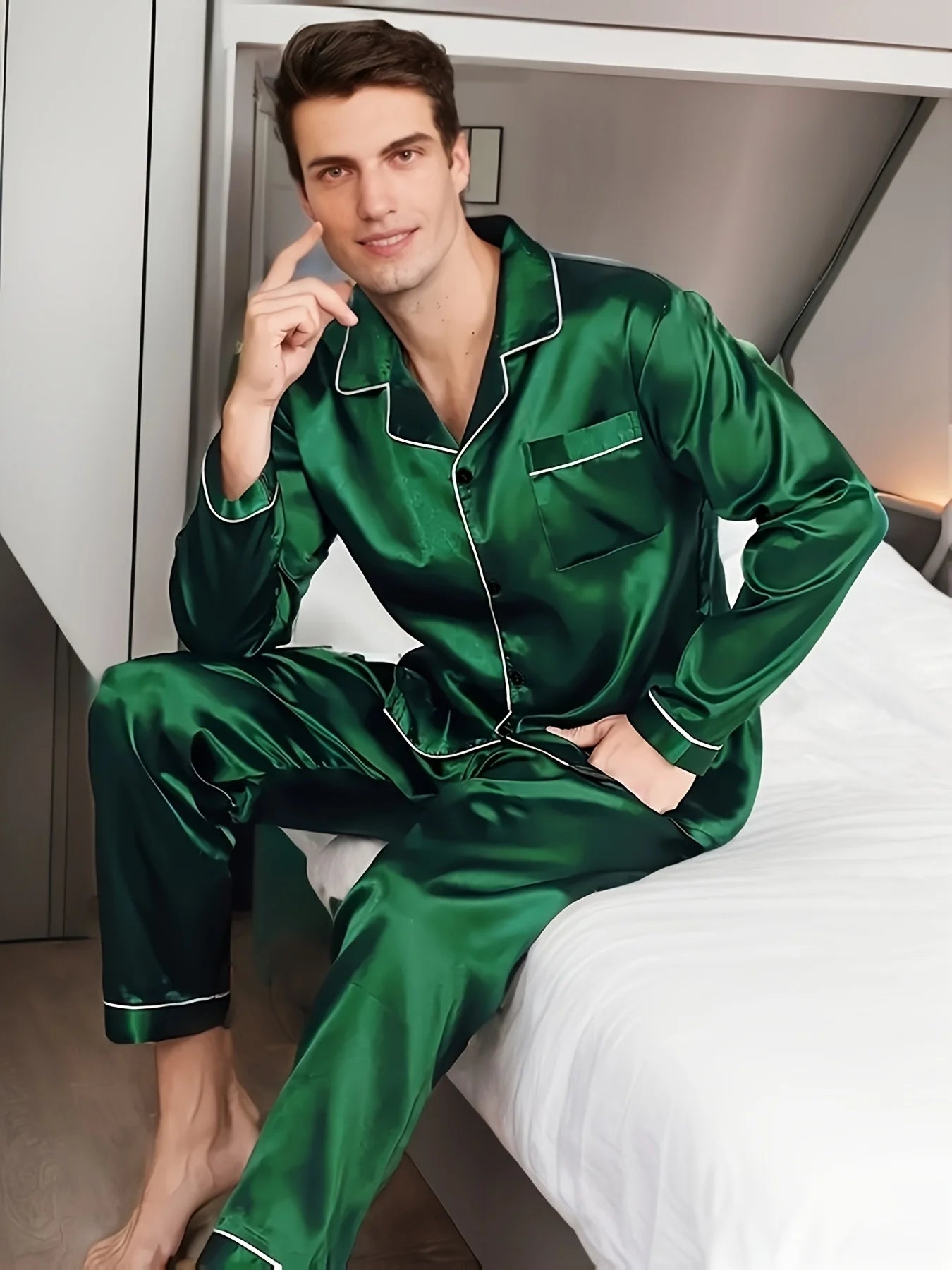 Men Microfiber Satin Pajama Set Long Sleeve Sleepwear