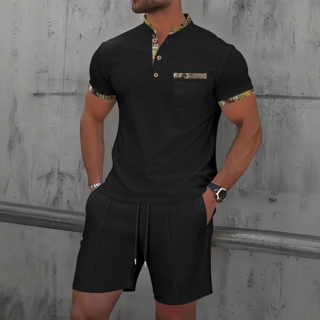 Men Waffle Zip Up Polo Shirt and Shorts Set