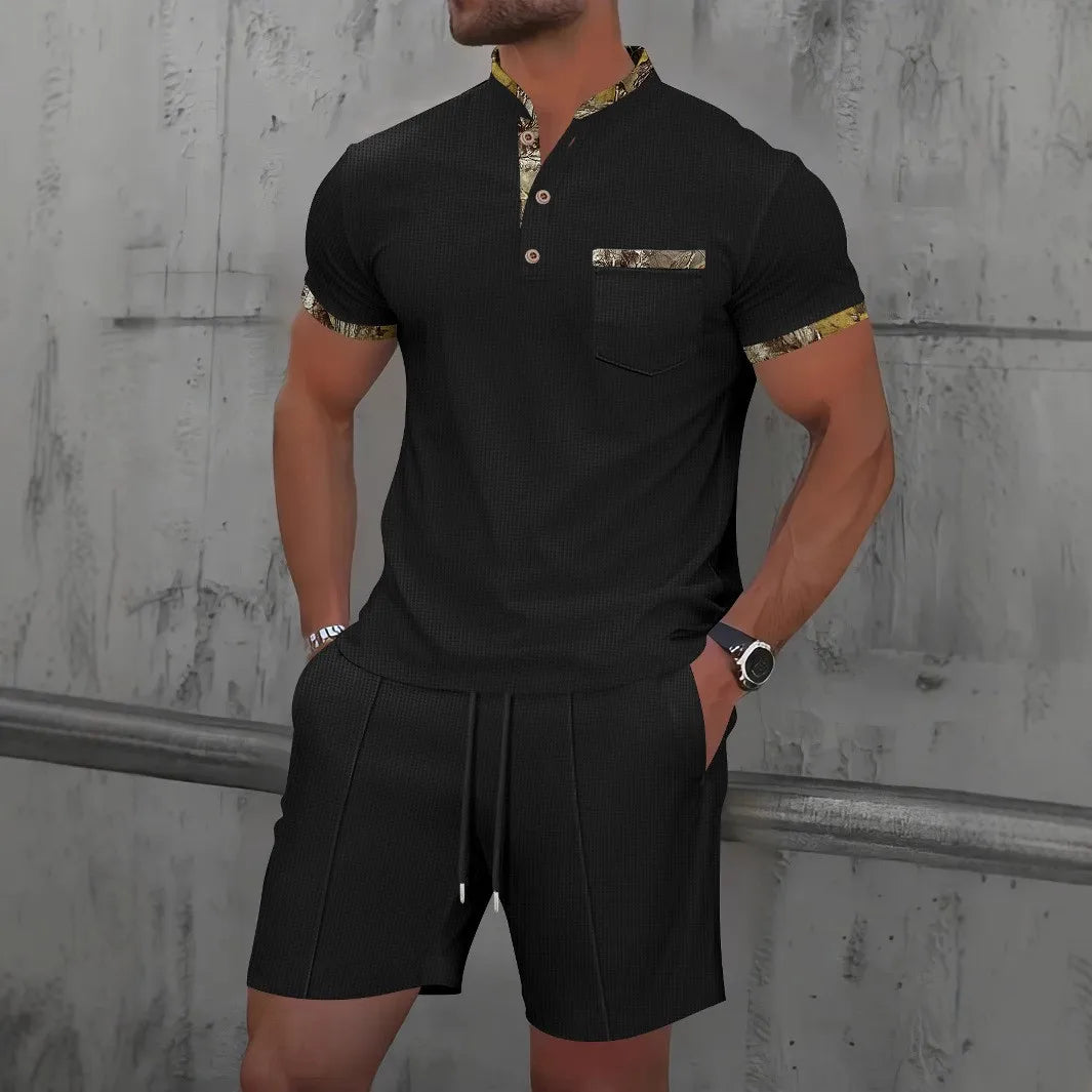 Men Waffle Zip Up Polo Shirt and Shorts Set