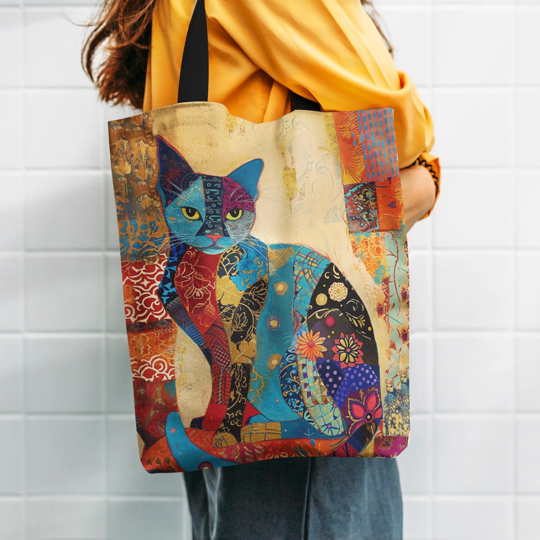 Floral Cat Canvas Tote Shoulder Bag for Women