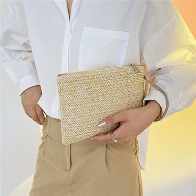Handmade Straw Woven Clutch Wristlet Bag for Women