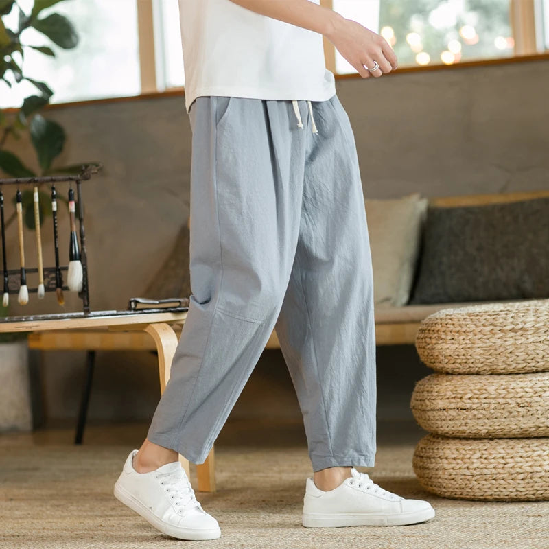 Men Cotton Linen Drawstring Casual Pants Loose Fit Trousers