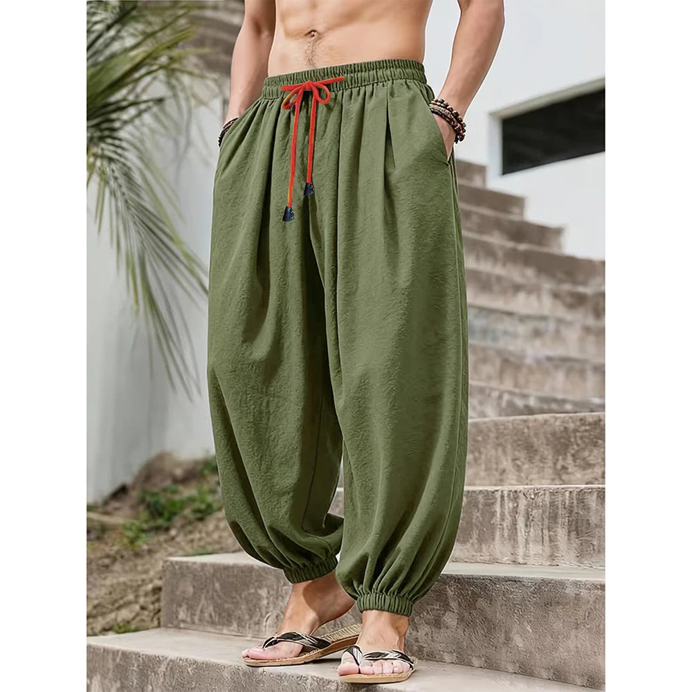Men Cotton Linen Wide Leg Pants Loose Fit Casual Trousers