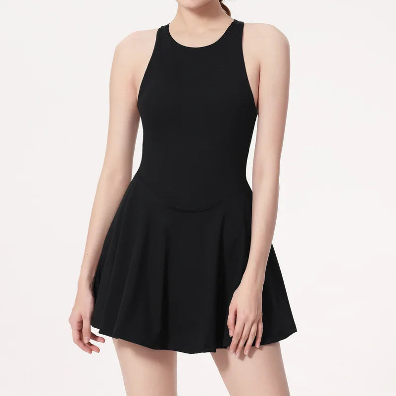 Women Summer Tennis Dress Solid Color Backless Dress