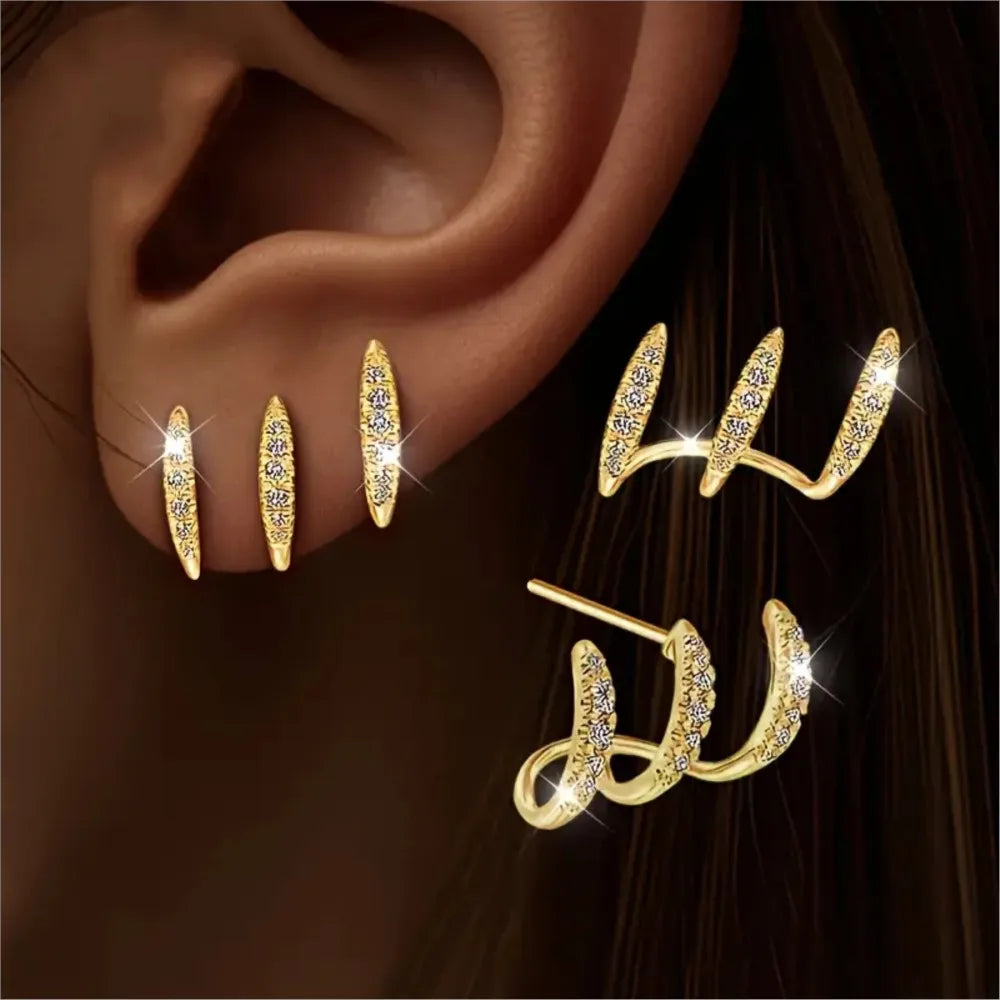Women Rhinestone Three Claw Elegant Stud Earrings