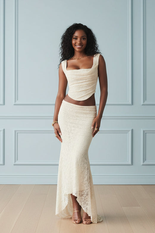 Women Lace Up Crop Top and Maxi Skirt Set