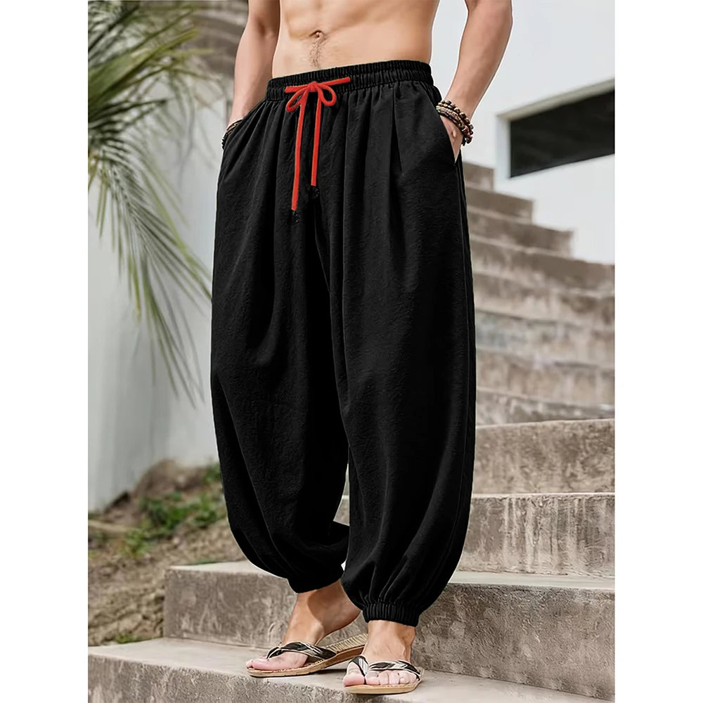 Men Cotton Linen Wide Leg Pants Loose Fit Casual Trousers
