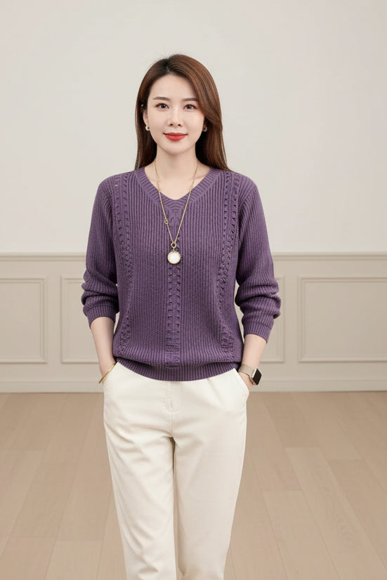 V Neck Solid Color Knit Sweater for Women