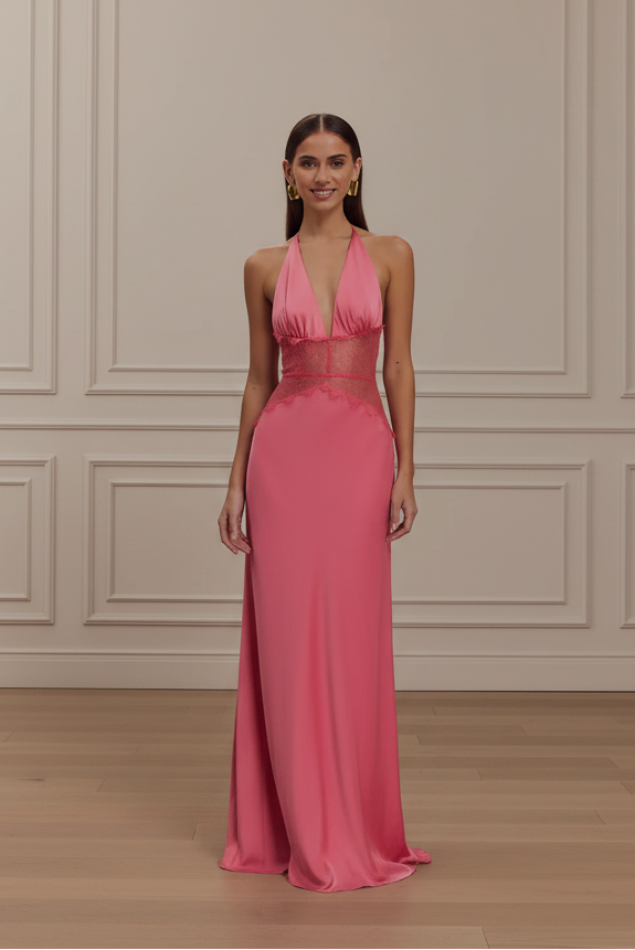 Women Lace Halter Deep V Neck Maxi Dress