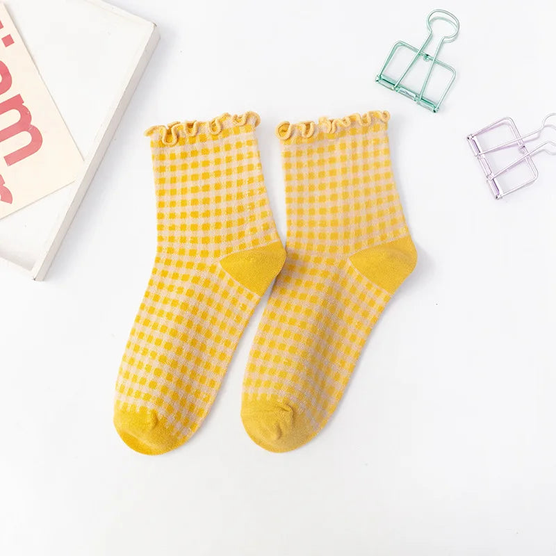 Checkered Cotton Crew Socks for Women