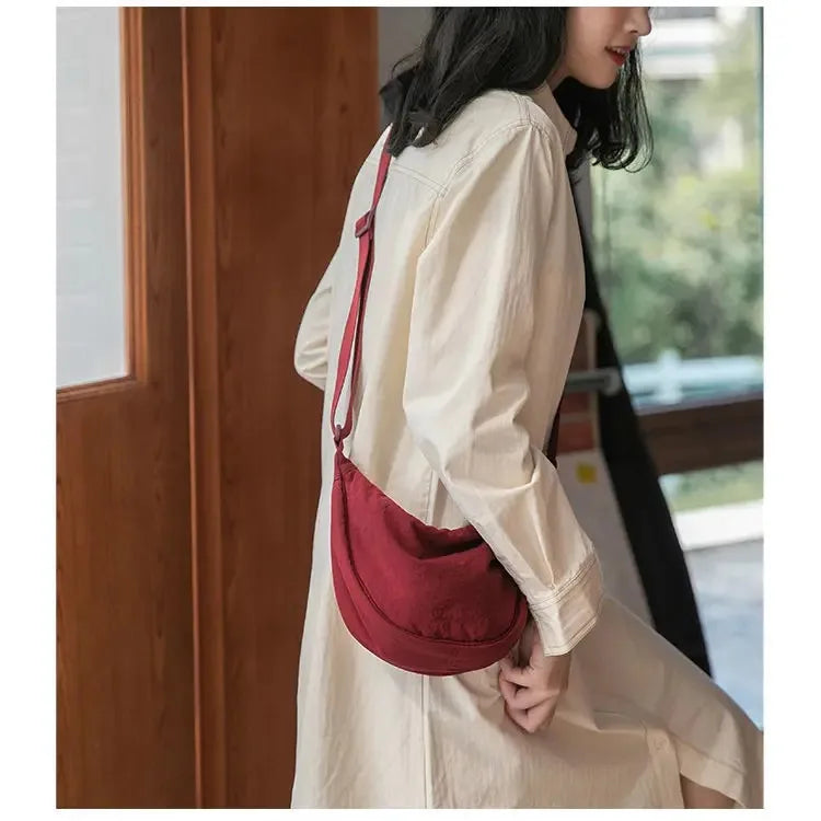 Men and Women Solid Color Chest Bag for Large Capacity Travel Crossbody Female Half Moon Bag Daily Cotton Filled Shoulder Bag