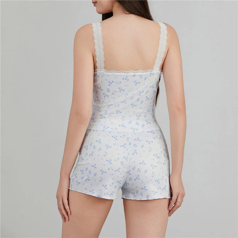 Lace Trim Nightwear Sleeveless Pajama Shorts Set for Women