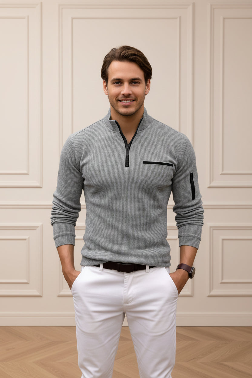 Men Retro Striped Zipper Sleeve T-shirt