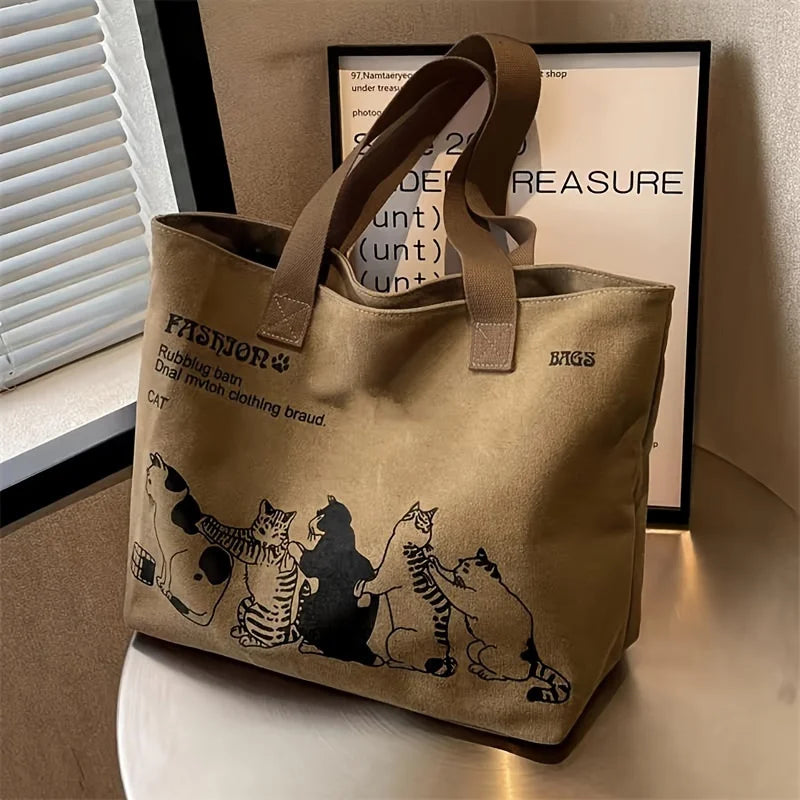 Spacious Canvas Tote Shoulder Bag with Zipper for Women