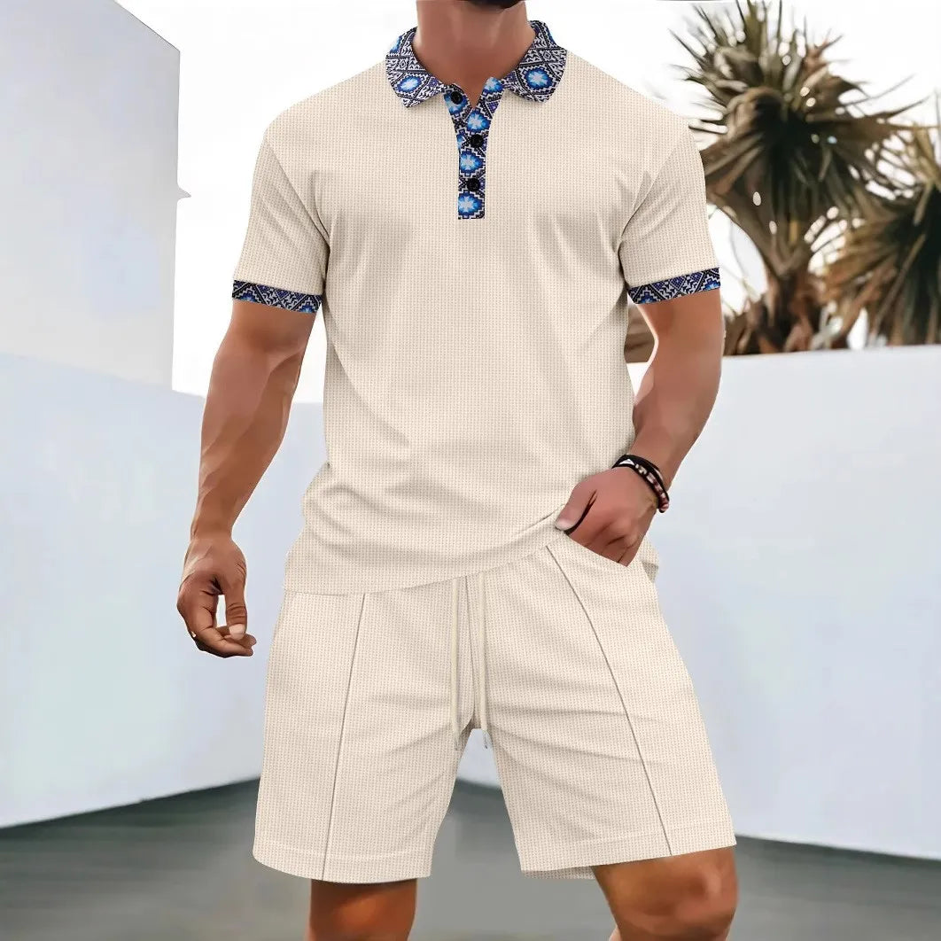 Men Waffle Zip Up Polo Shirt and Shorts Set