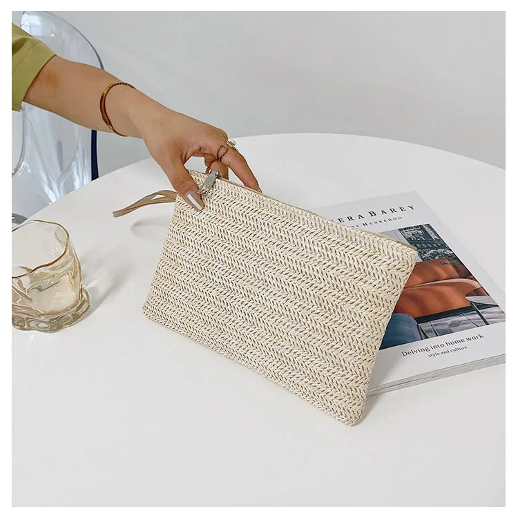 Woven Straw Wristlet Clutch Wallet for Women