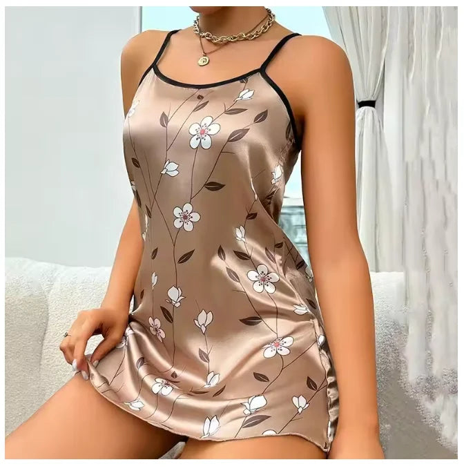 Floral Satin Sleeveless Backless Nightdress for Women