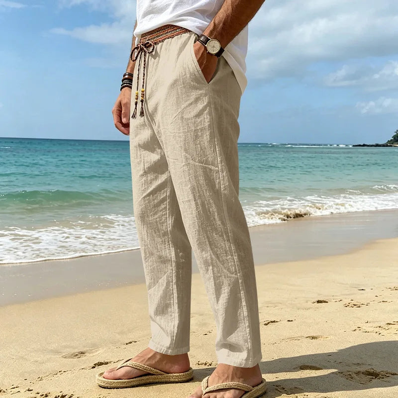 Men Linen Straight Leg Beach Pants