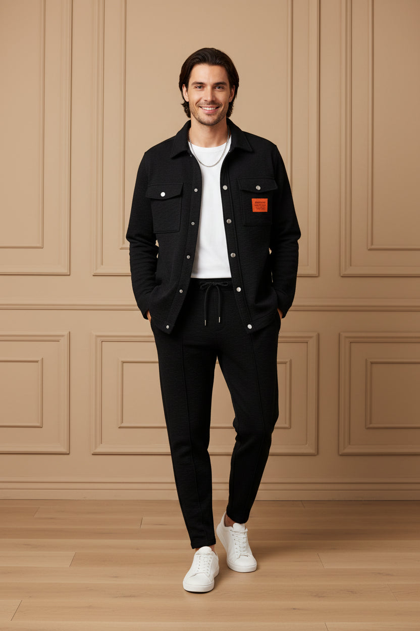 Men Waffle Jacket Pocket Two Piece Set