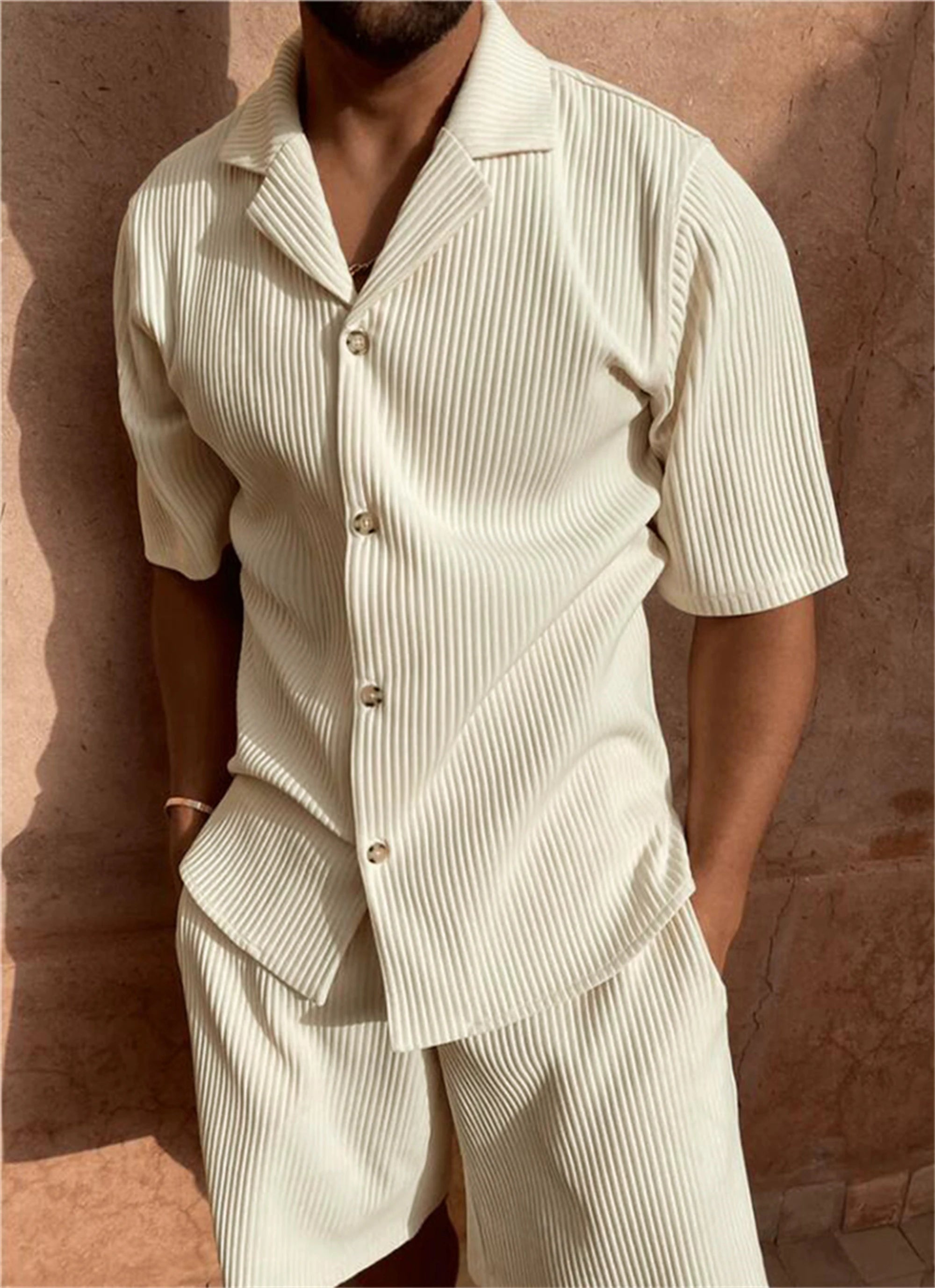 Men Corduroy Shirt and Shorts Casual Beach Set