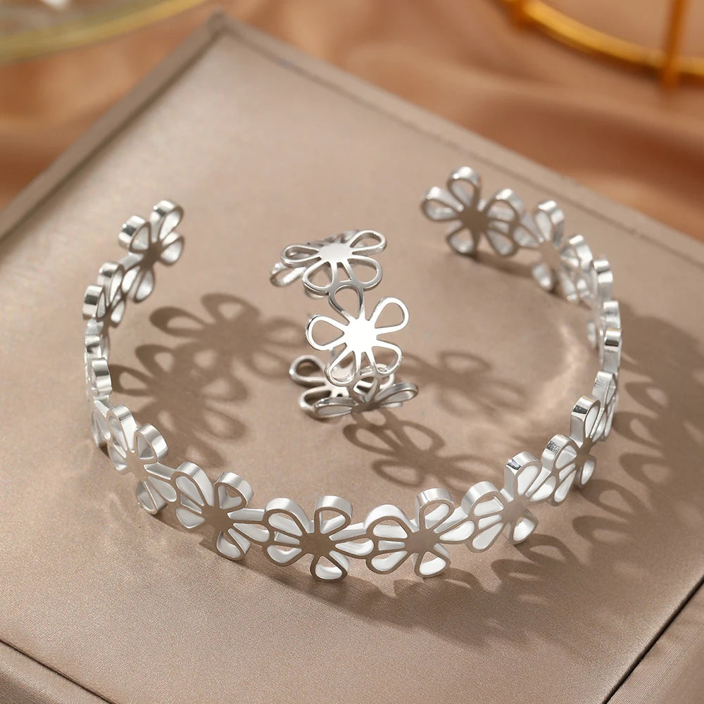 Women Stainless Steel Flower Bracelet Ring Set Retro Jewelry