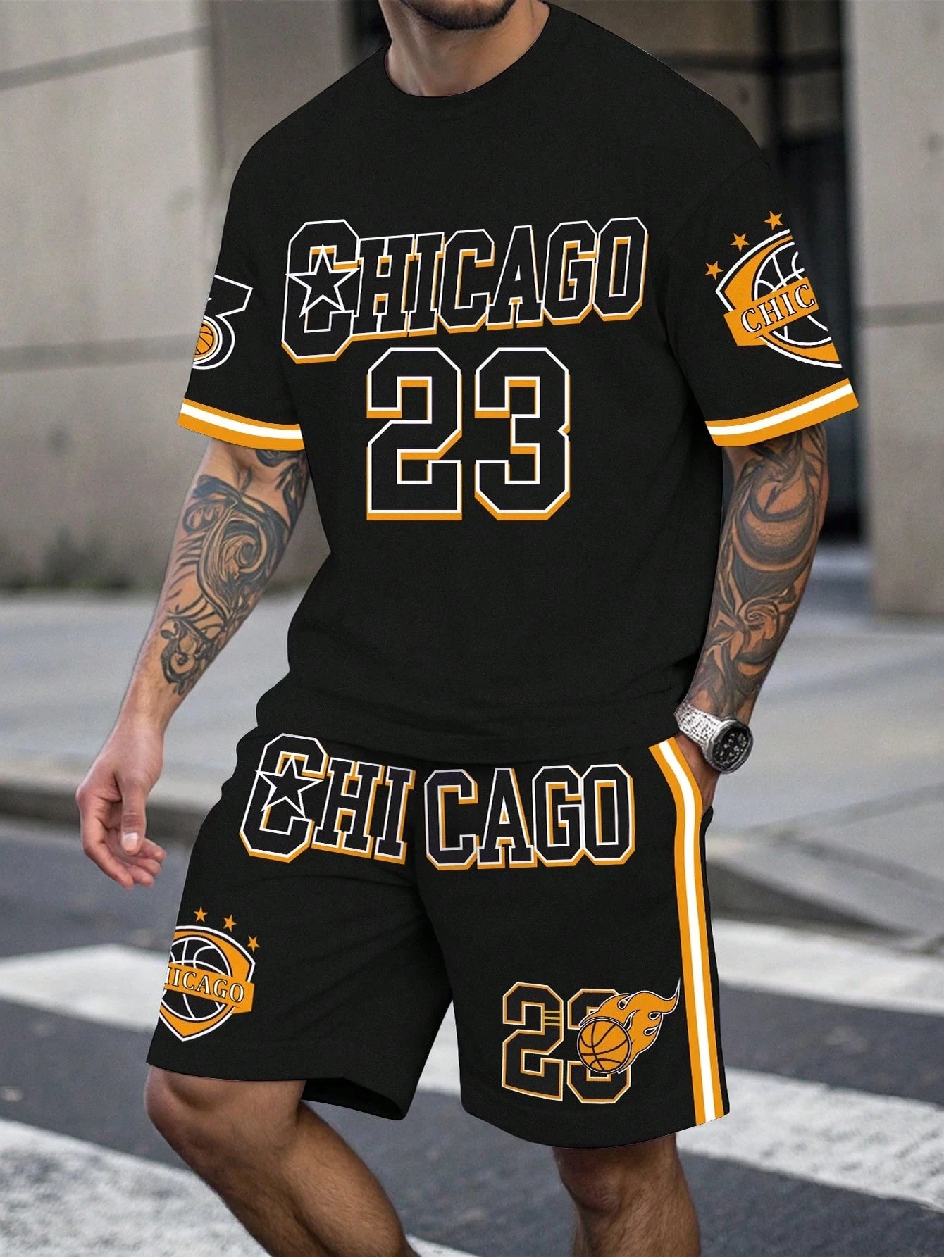 Men Letter Print T Shirt and Shorts Sportswear Set