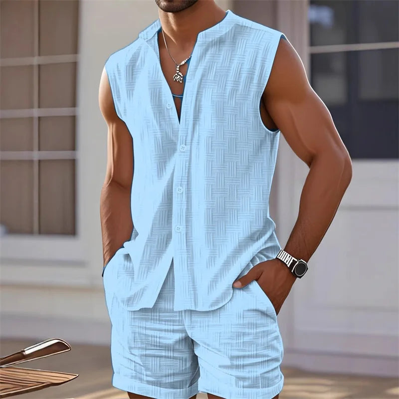 Men Sleeveless Shirt and Plaid Shorts Beach Set