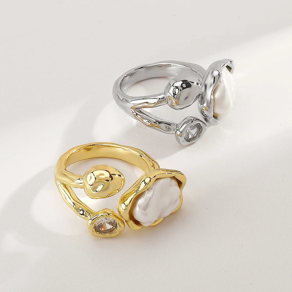 Women Vintage Baroque Pearl Geometric Zircon Ring Jewelry