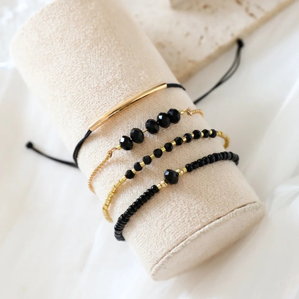 Women Black Glass Stone Boho Handmade Bracelet Set Jewelry