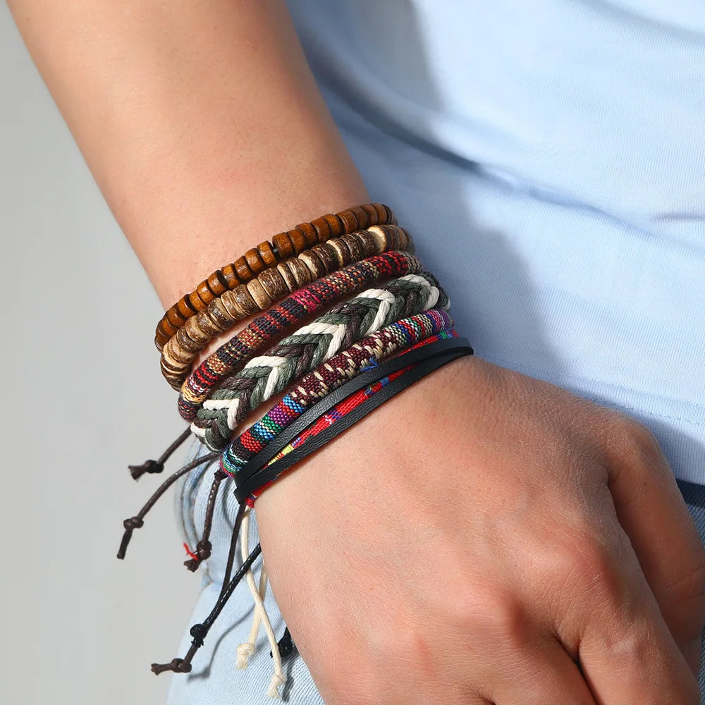 Men Bohemian Leather Wooden Bead Bracelet Jewelry
