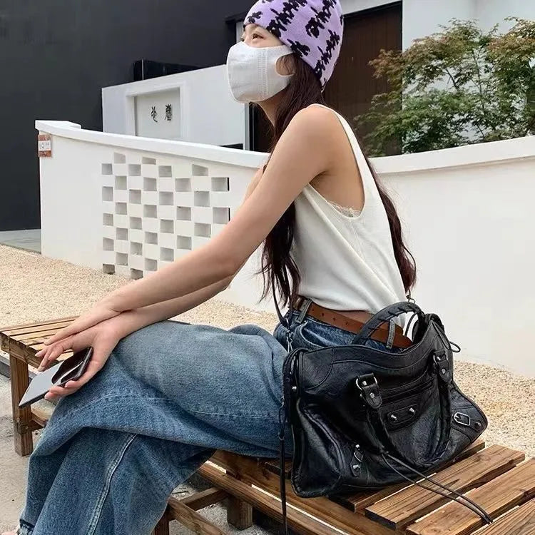 Y2K PU Leather Motorcycle Style Crossbody Tote Bag for Women