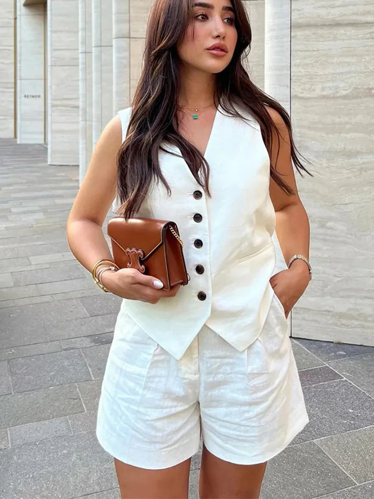 Women Elegant Solid Waistcoat Shorts Set
