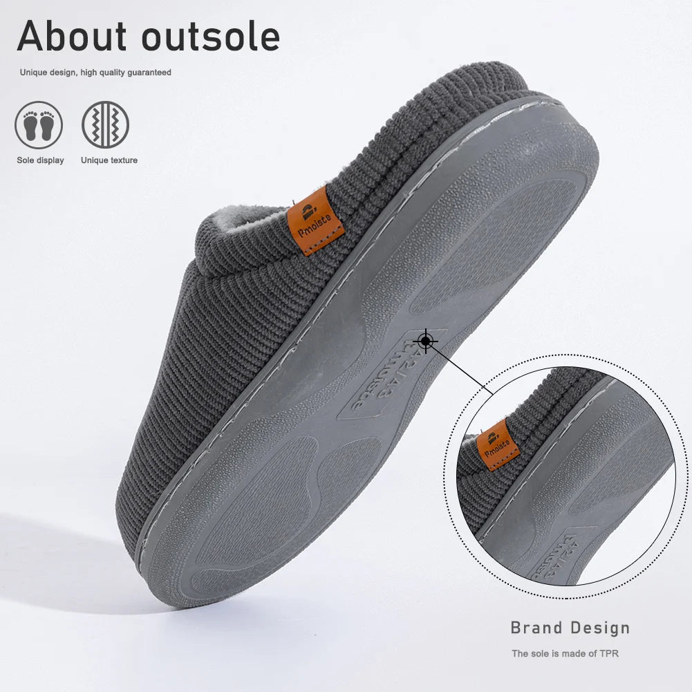 Warm Slippers for Men TPR Sole Memory Foam Soft Cushion Non Slip Stripe Design Comfortable Corduroy House Shoes