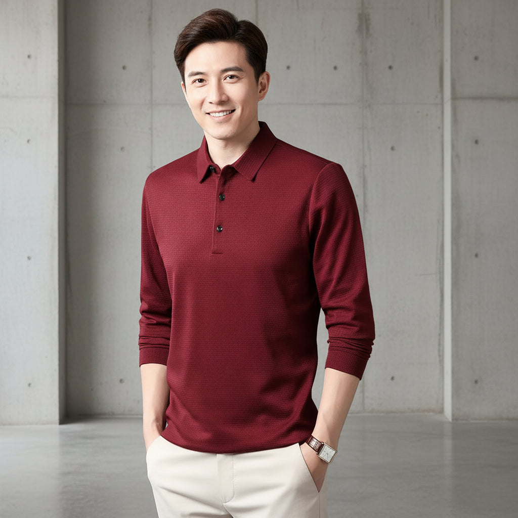 Men Business Casual Polo Long Sleeve T-shirt