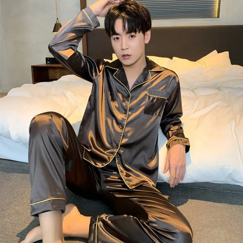 Men Silk Satin Pajamas Set Winter Sleepwear Loungewear