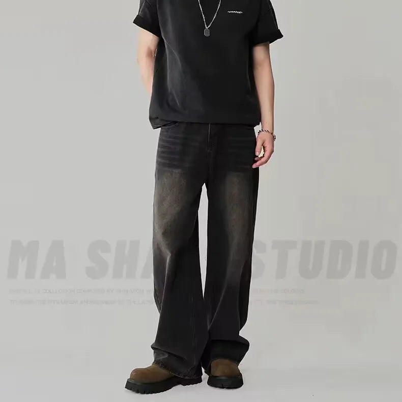 Men Washed Contrast Wide Leg Denim Jeans