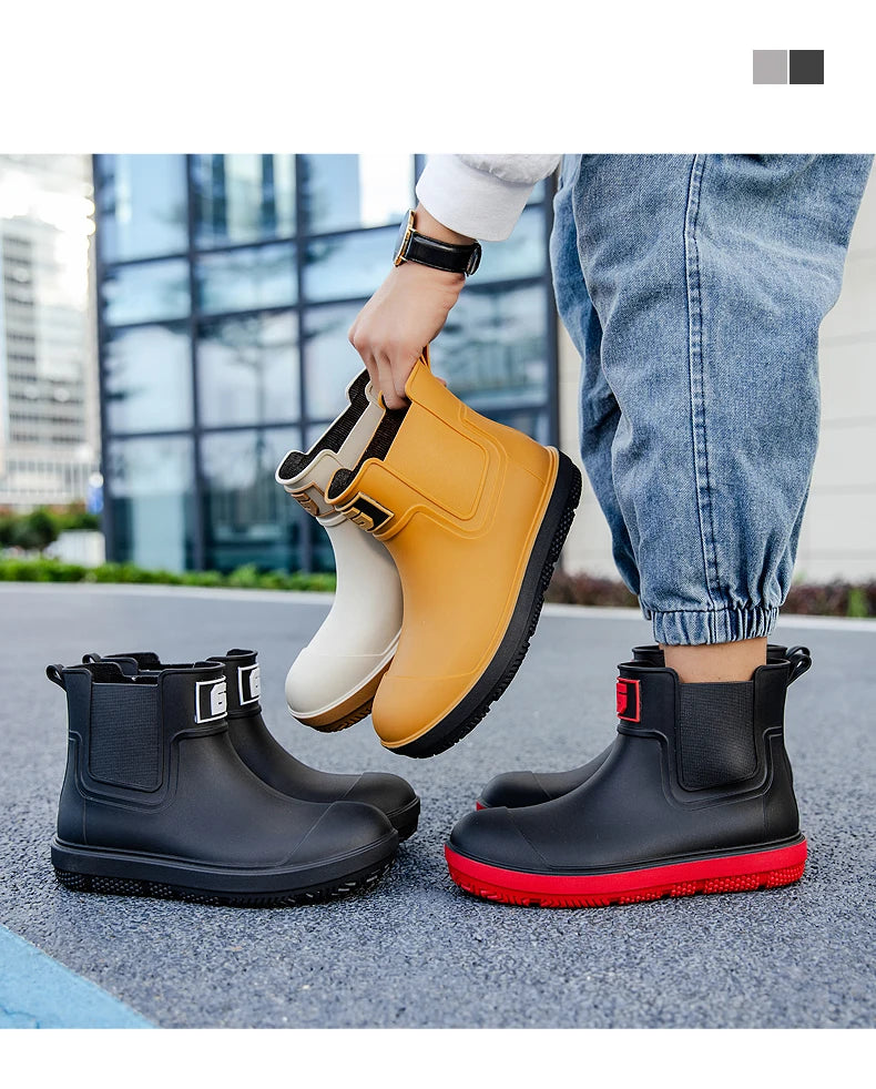 Men's Short-Tube Non-Slip Rain Boots, Fashionable Low-Top Water Shoes, Pvc One-Piece Molded Rain Boots, Waterproof Shoes for Farm Work