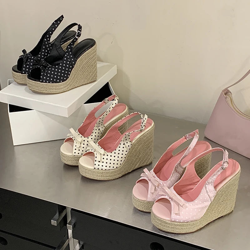 Women Thick Soled Grass Woven High Heels Wedges
