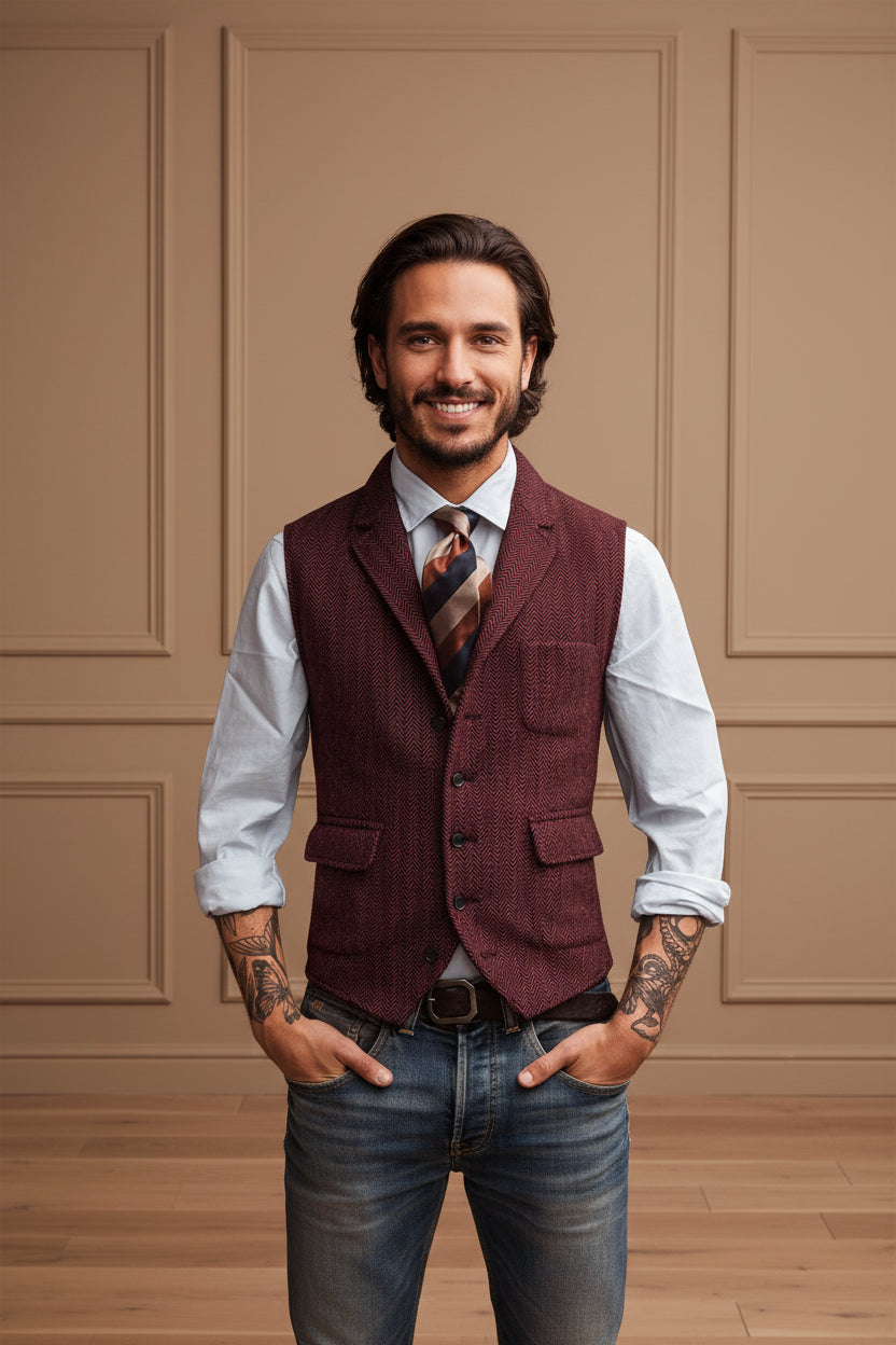Men Brown Herringbone Waistcoat Vest