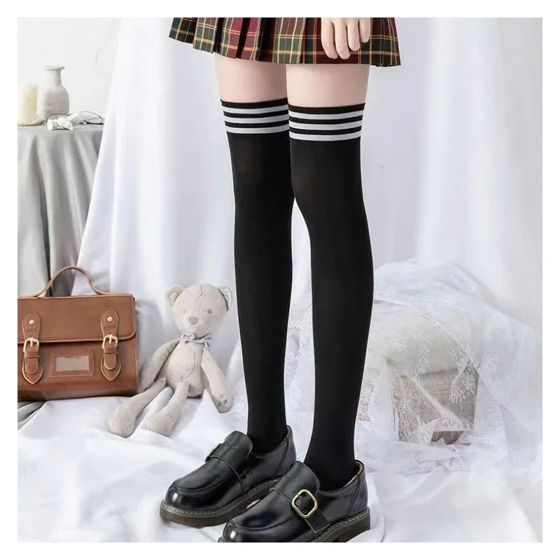Solid Striped Thigh High Socks for Women