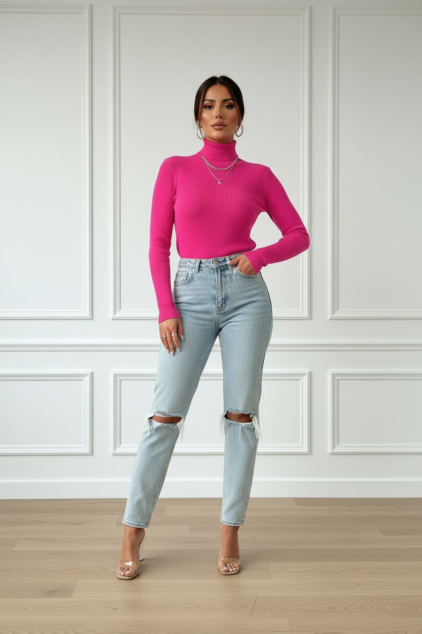 Foldover Turtleneck Ribbed Knit Sweater for Women