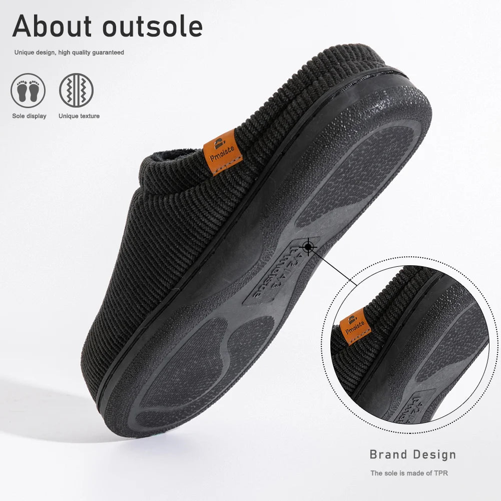 Warm Slippers for Men TPR Sole Memory Foam Soft Cushion Non Slip Stripe Design Comfortable Corduroy House Shoes