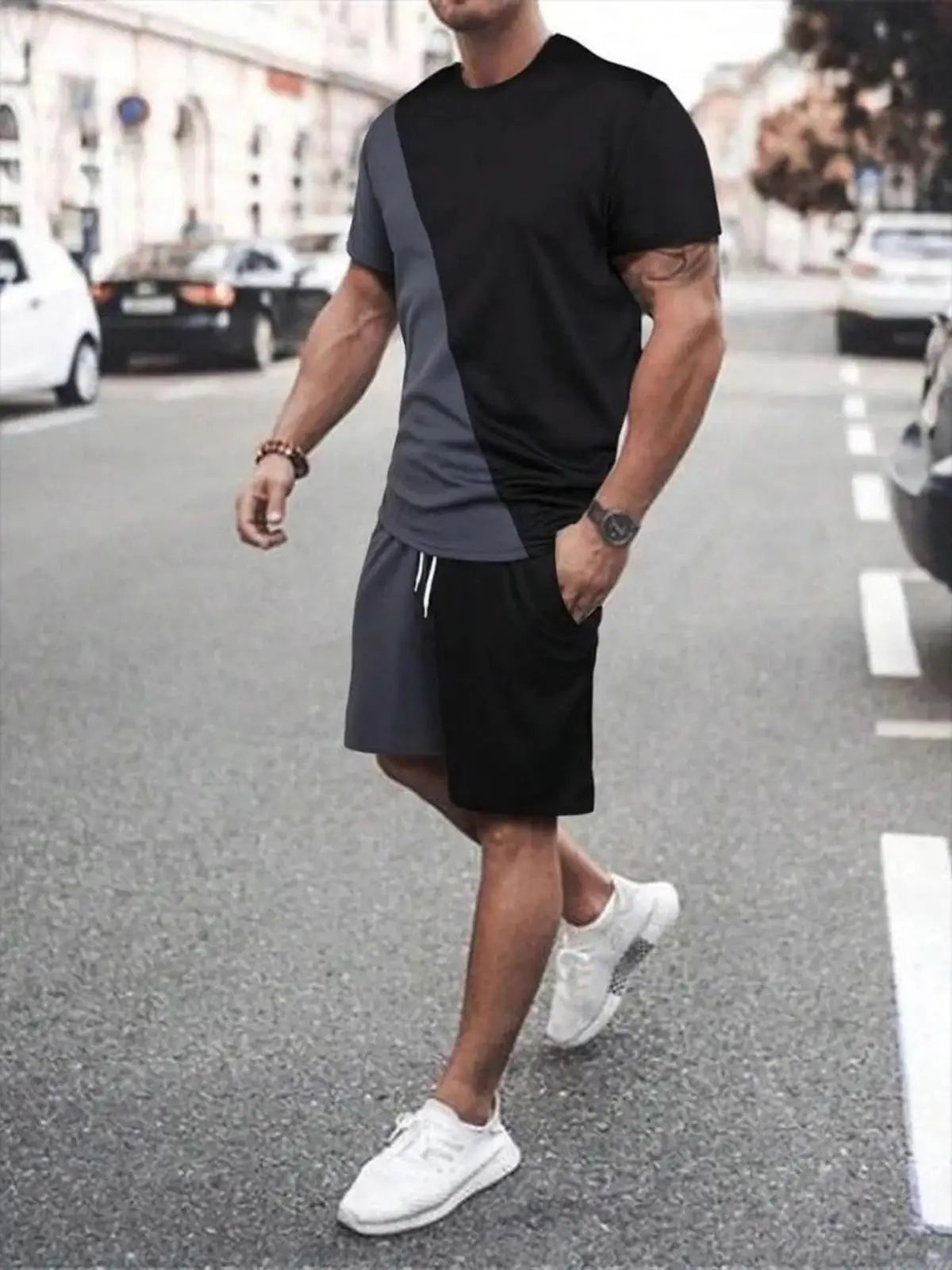 Men Striped Graphic T Shirt and Shorts Casual Set