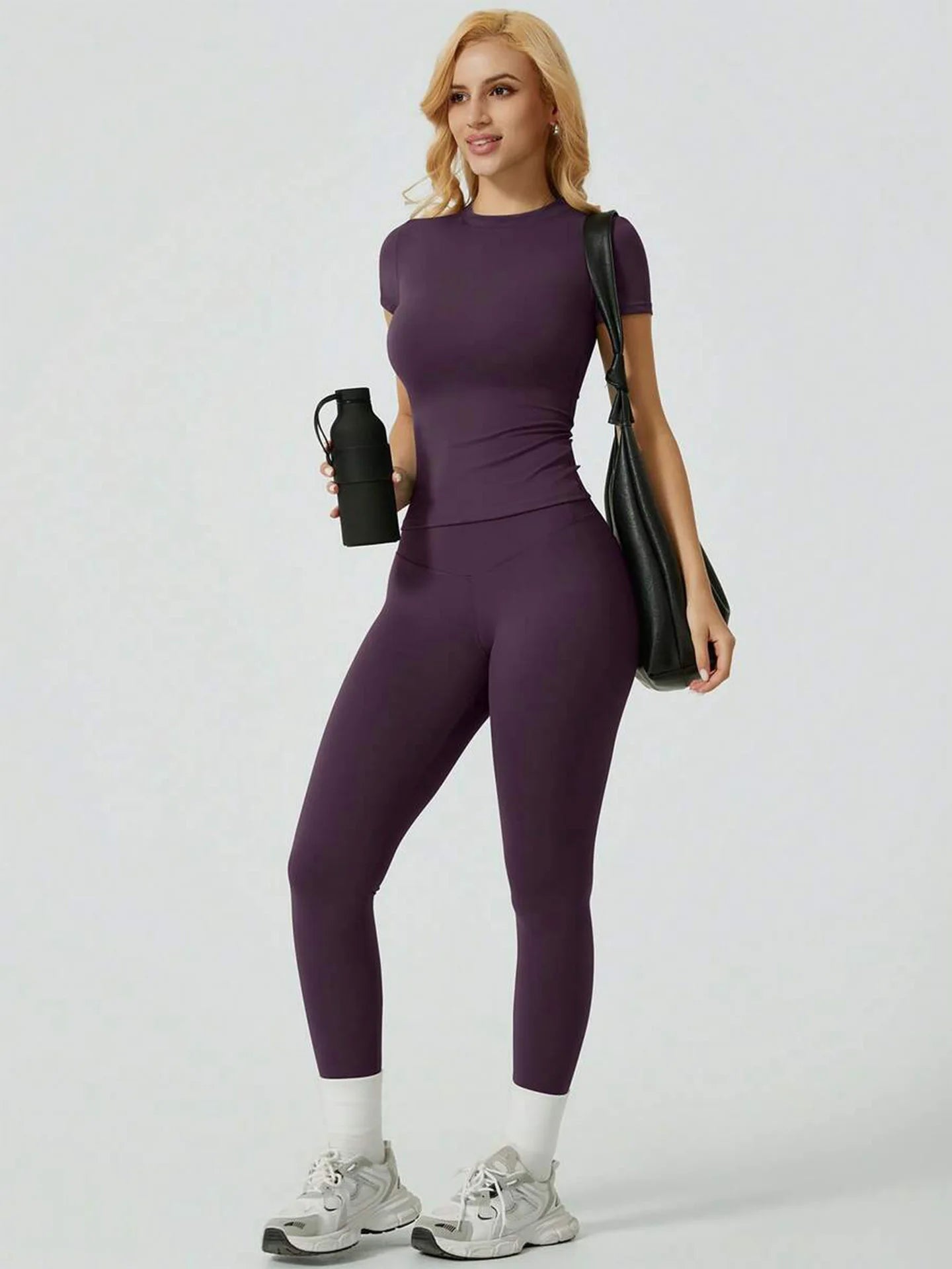 Women 2 Piece Yoga Set Short Sleeve Top and High Waist Leggings Fitness Outfit