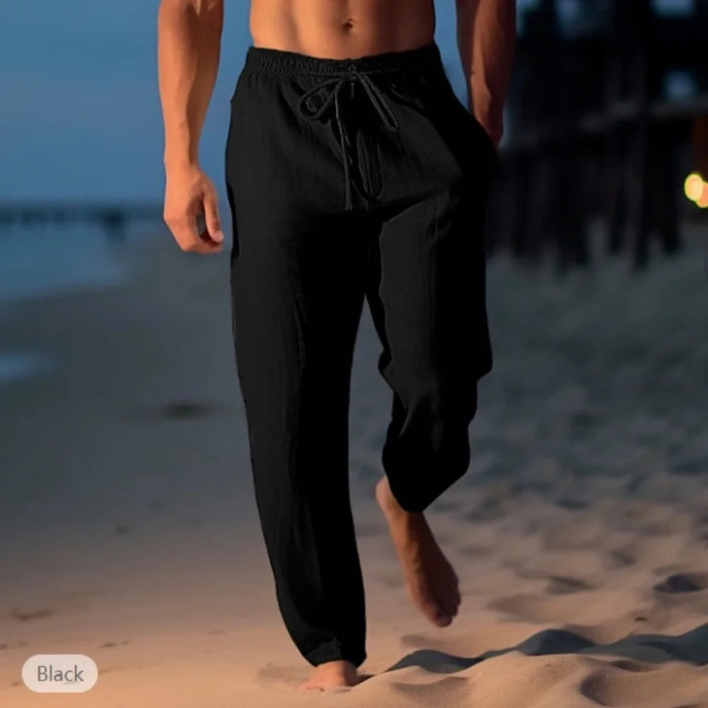 Men Cotton Linen Drawstring Beach Pants
