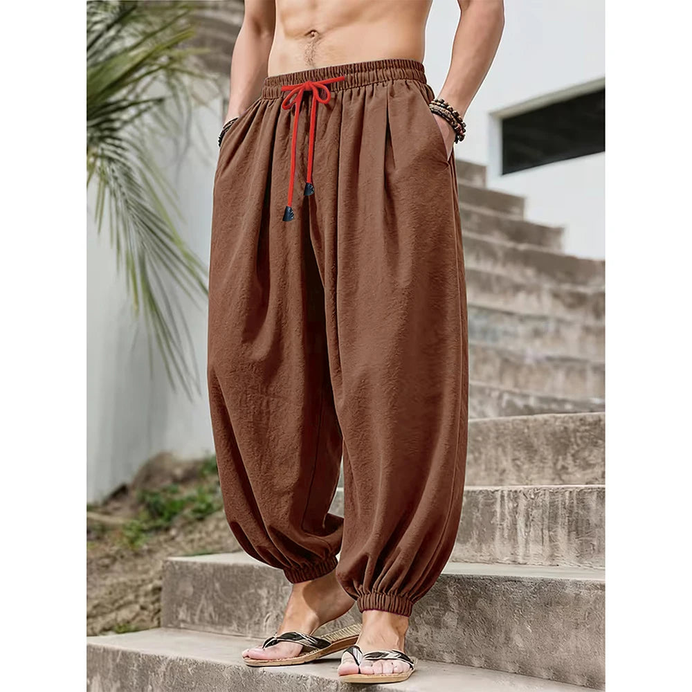 Men Cotton Linen Wide Leg Pants Loose Fit Casual Trousers