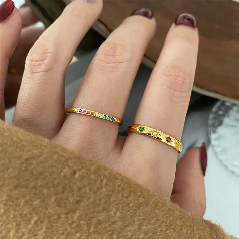 Women Rainbow Zircon Stainless Steel Star Rings Set