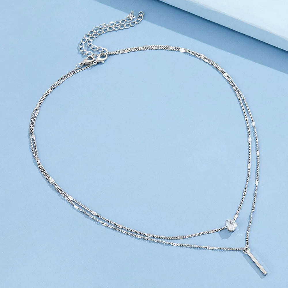 Women Multilayer Zircon Pendant Chain Choker Necklace