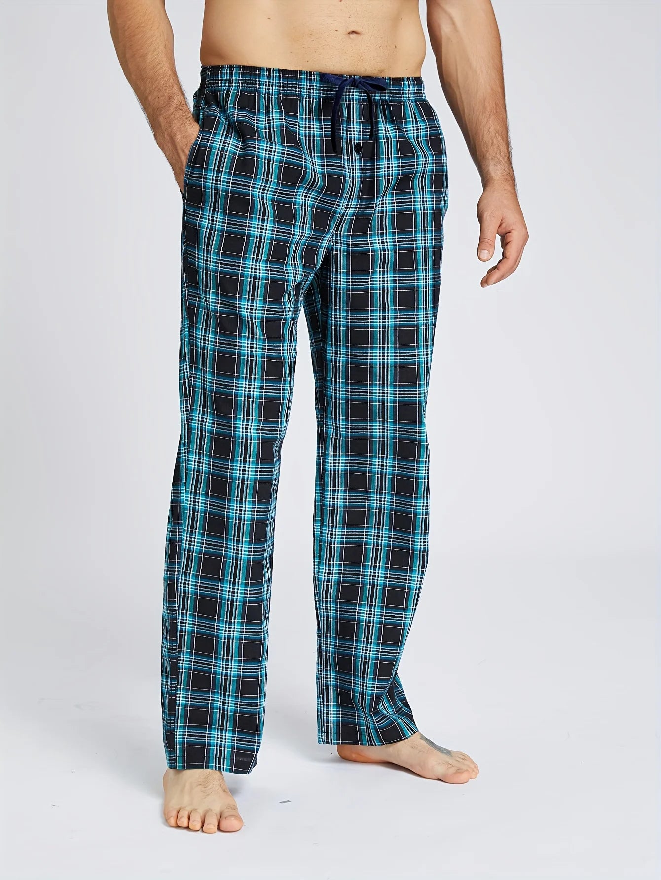 Men Cotton Pajama Pants Checked Elastic Waist Lounge Pants