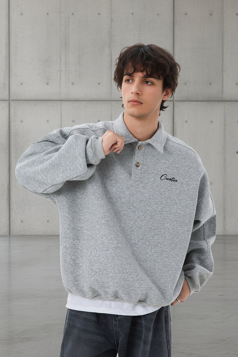 Men Loose Fit Polo Collar Sweatshirt